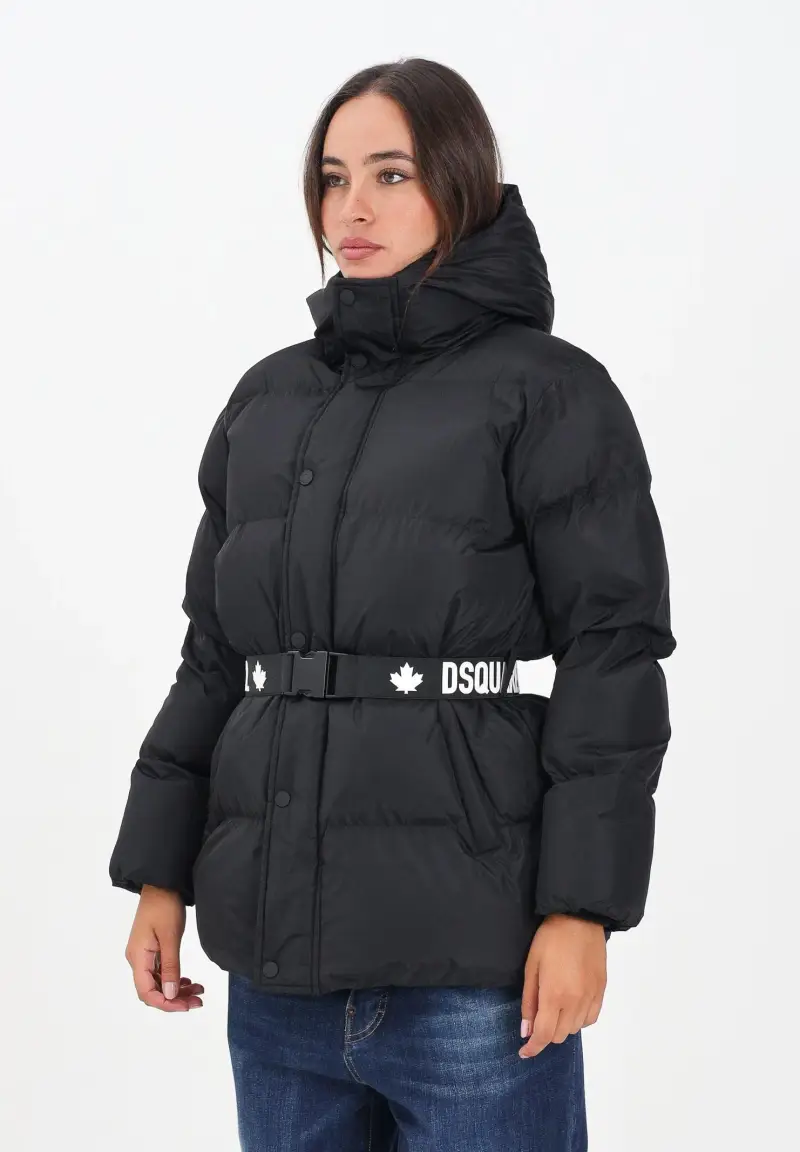 Piumino nero per donna e bambina con cintura logata