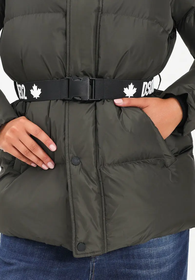 Piumino verde oliva per donna e bambina con cintura logata miniatura 3