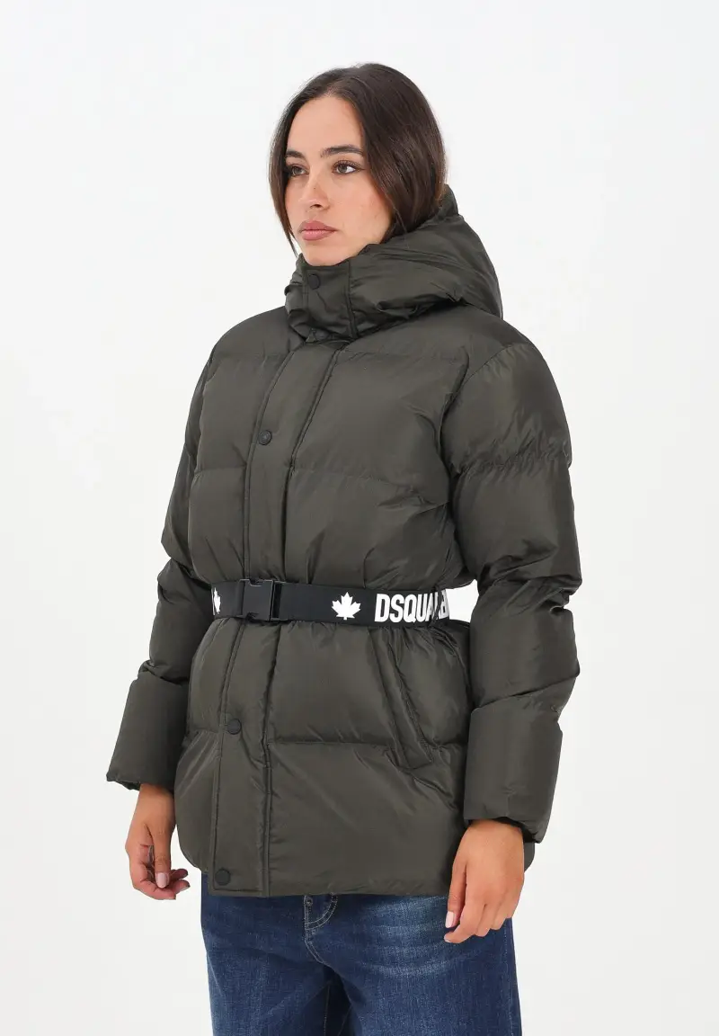 Piumino verde oliva per donna e bambina con cintura logata