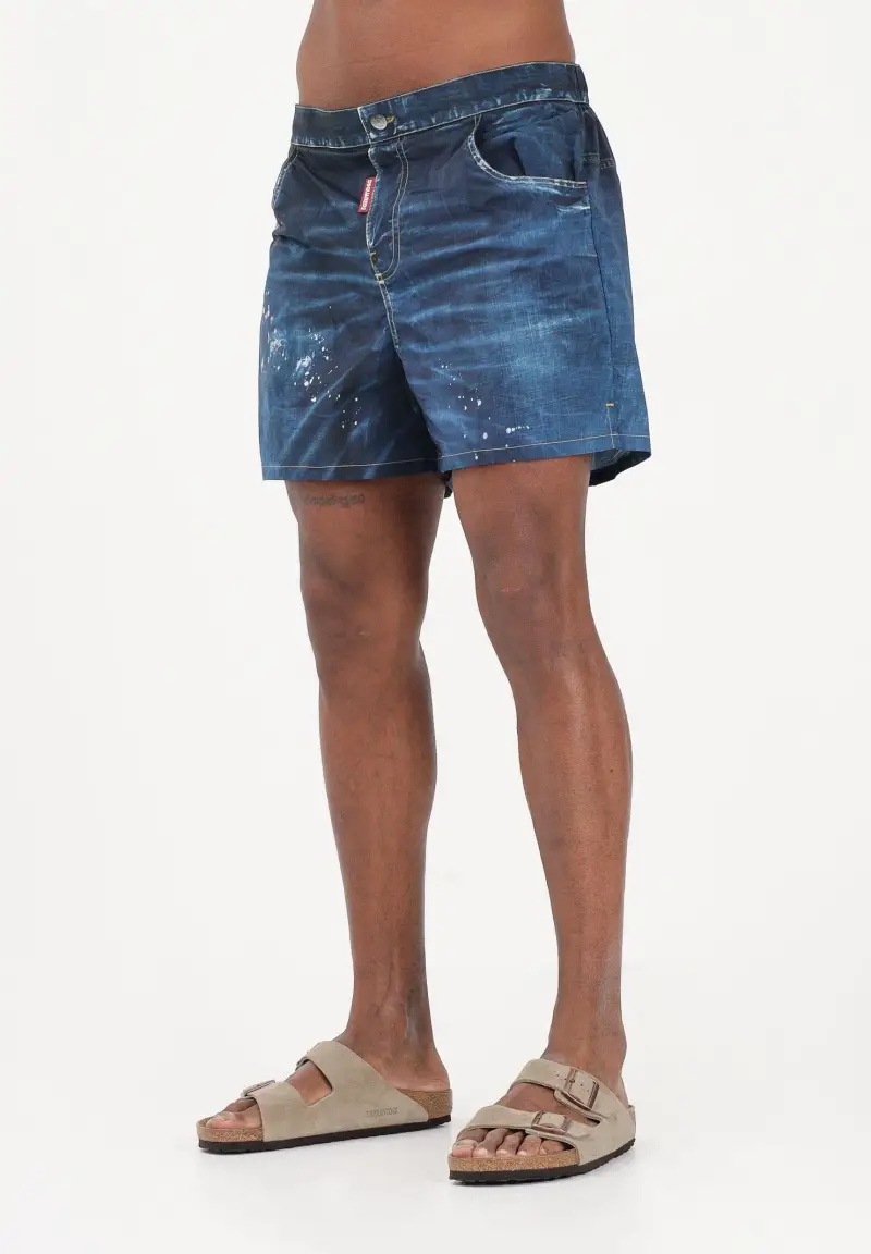 Shorts mare blu da uomo effetto denim con dettagli used