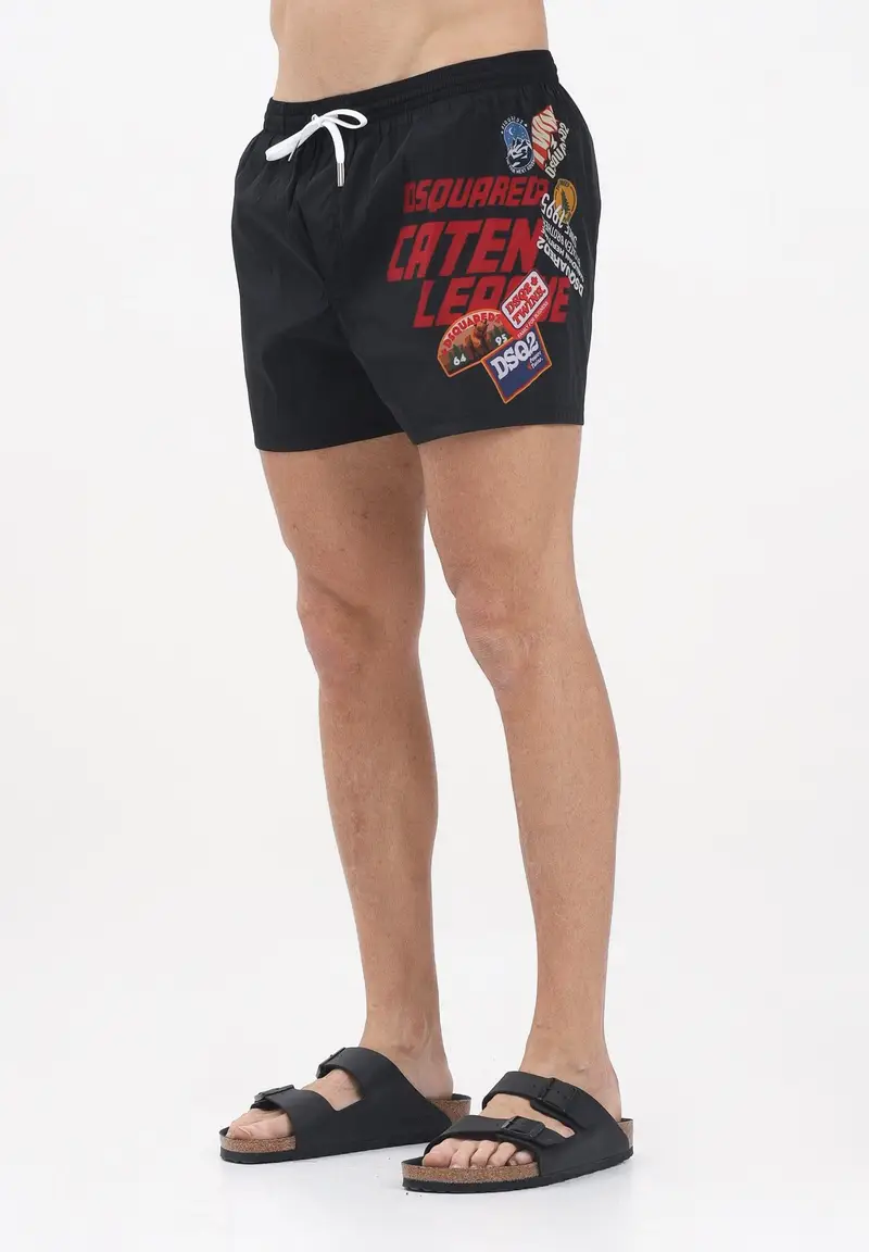 DSQUARED2 Shorts mare nero da uomo con maxi stampa