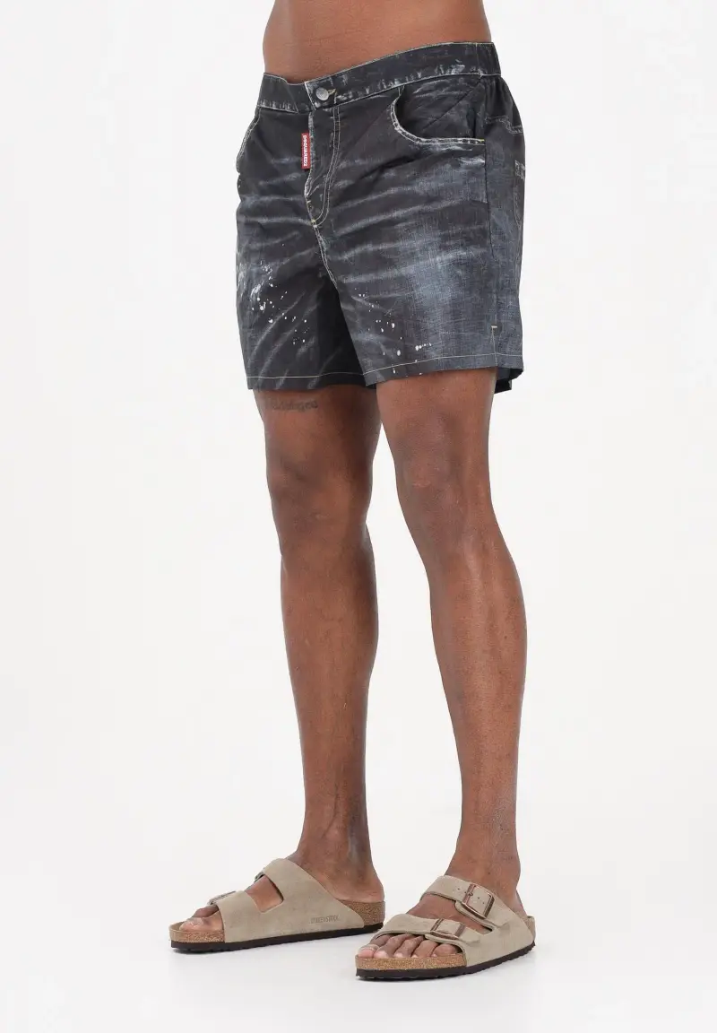 Shorts mare nero da uomo effetto denim con dettagli used