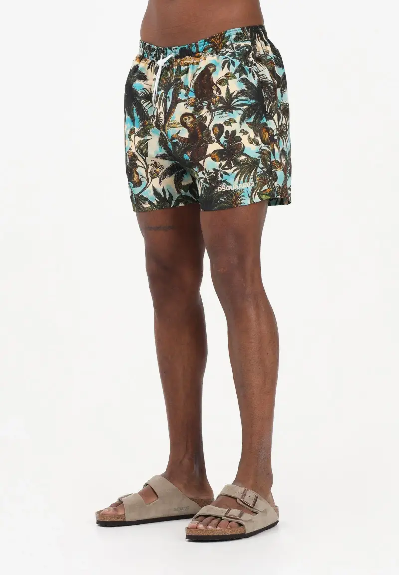 Shorts mare verde militare da uomo con stampa tropicale