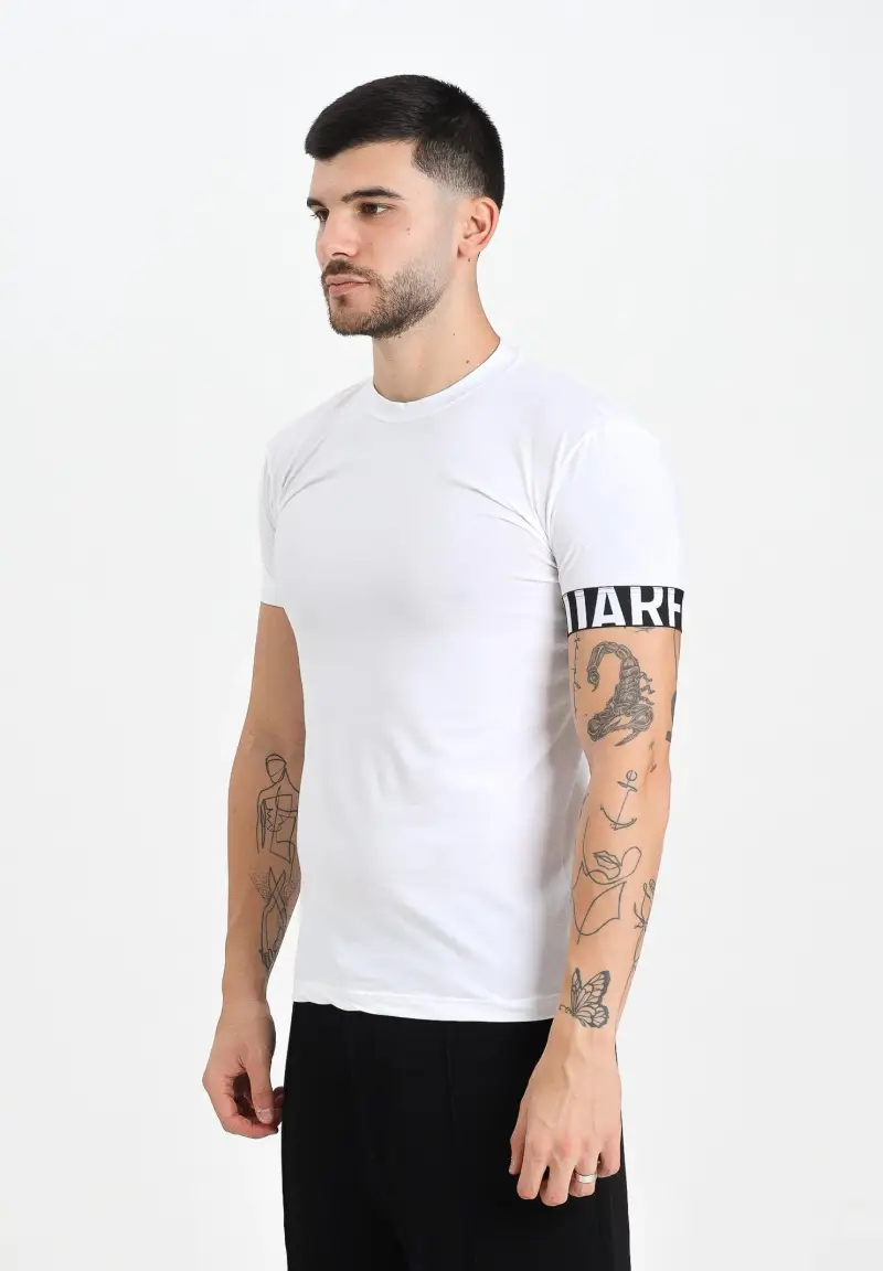 T-shirt a manica corta bianca da uomo con manica logata