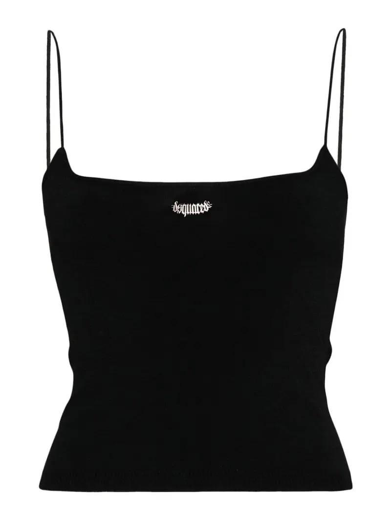 Top corto in T-shirt con placca con logo Nero