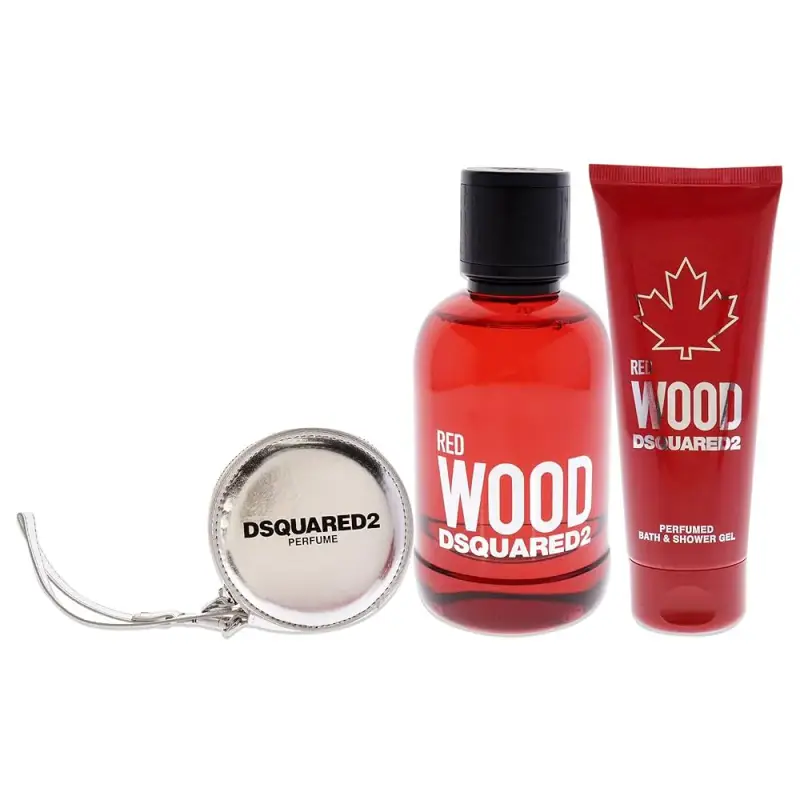 Set Dsquared 2 Red Wood Eau De Toilette da donna 100 ml + Red Wood Gel & Shampoo 2 in 1 100 ml + Dsquared pochette silver