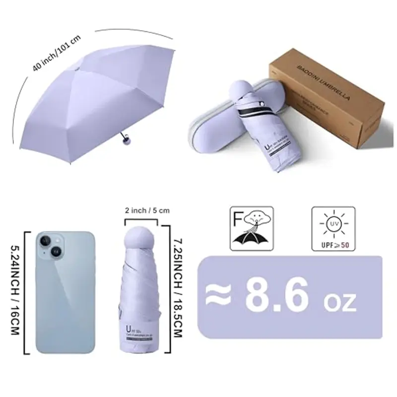 DTEGHMC Pieghevole Ombrello da Viaggio, Mini ombrello da viaggio per borsa con custodia, Pioggia Antivento Anti UV, Mini Ombrello Ultraleggero per Donne Uomini (Purple) miniatura 2