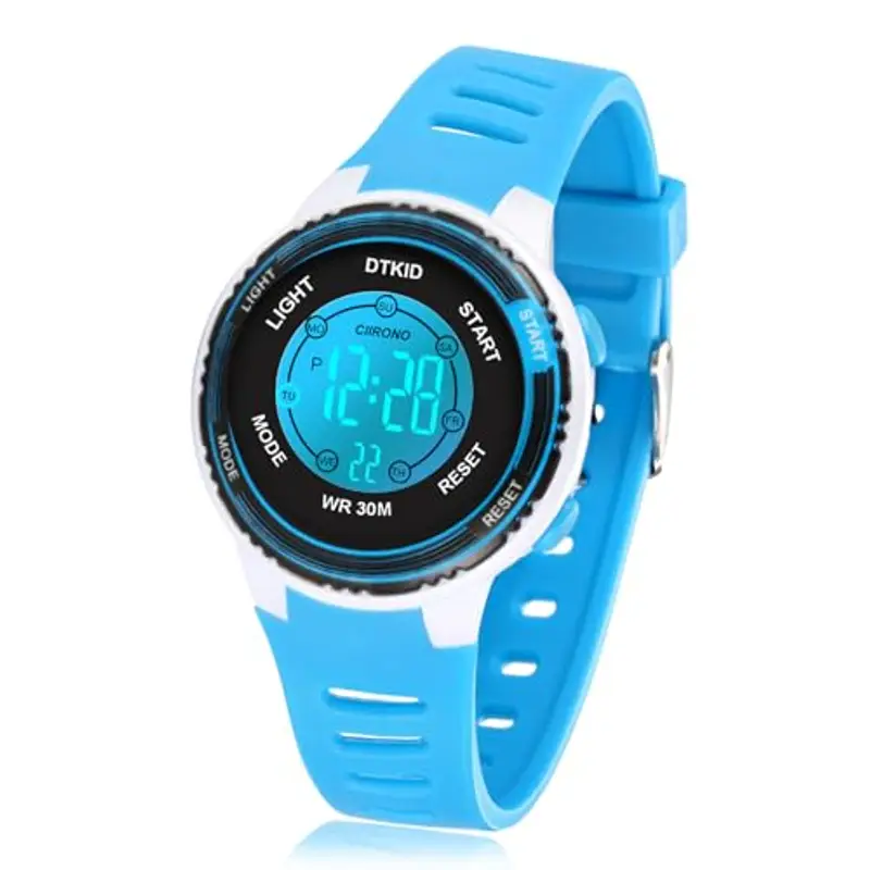 DTKID Orologio Digitale Bambino, 7 Colori Orologio Bambino Ragazzo Ragazza, 3 ATM Impermeabile Sport All'aperto da Polso Bambini con Timer, Sveglia, Calendario (Azzurro)