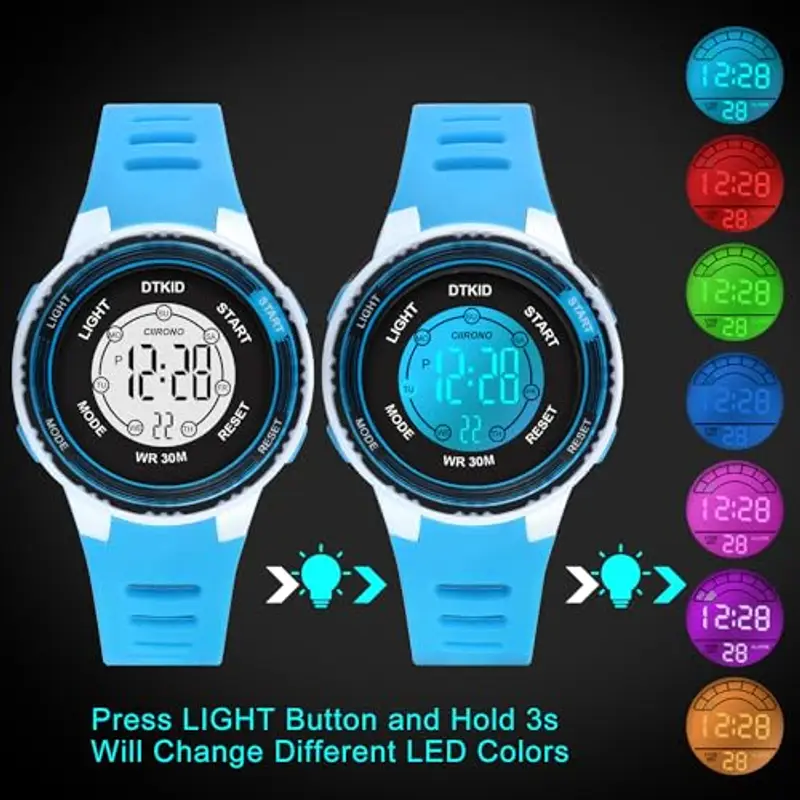 DTKID Orologio Digitale Bambino, 7 Colori Orologio Bambino Ragazzo Ragazza, 3 ATM Impermeabile Sport All'aperto da Polso Bambini con Timer, Sveglia, Calendario (Azzurro) miniatura 3