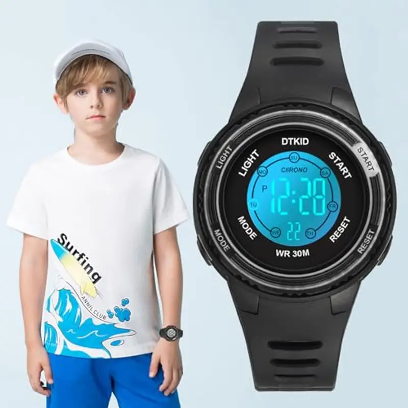 DTKID Orologio Digitale Bambino, 7 Colori Orologio Bambino Ragazzo Ragazza, 3 ATM Impermeabile Sport All'aperto da Polso Bambini con Timer, Sveglia, Calendario (Nero) miniatura 2