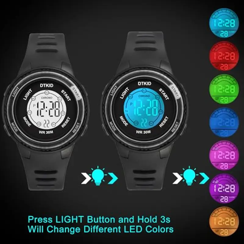 DTKID Orologio Digitale Bambino, 7 Colori Orologio Bambino Ragazzo Ragazza, 3 ATM Impermeabile Sport All'aperto da Polso Bambini con Timer, Sveglia, Calendario (Nero) miniatura 3