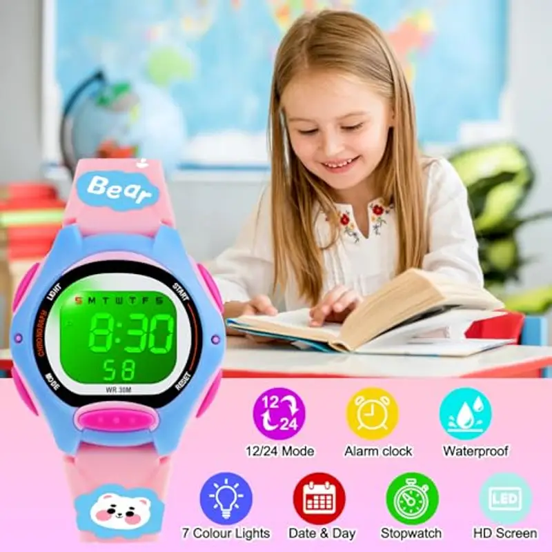 DTKID Orologio Digitale Bambino, 7 Colori Orologio Bambino Ragazzo Ragazza, 3 ATM Impermeabile Sport All'aperto da Polso Bambini con Timer, Sveglia, Calendario (Polvere) miniatura 2