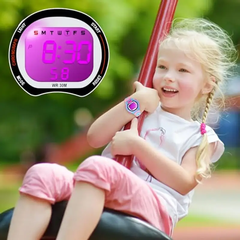 DTKID Orologio Digitale Bambino, 7 Colori Orologio Bambino Ragazzo Ragazza, 3 ATM Impermeabile Sport All'aperto da Polso Bambini con Timer, Sveglia, Calendario (Polvere) miniatura 3
