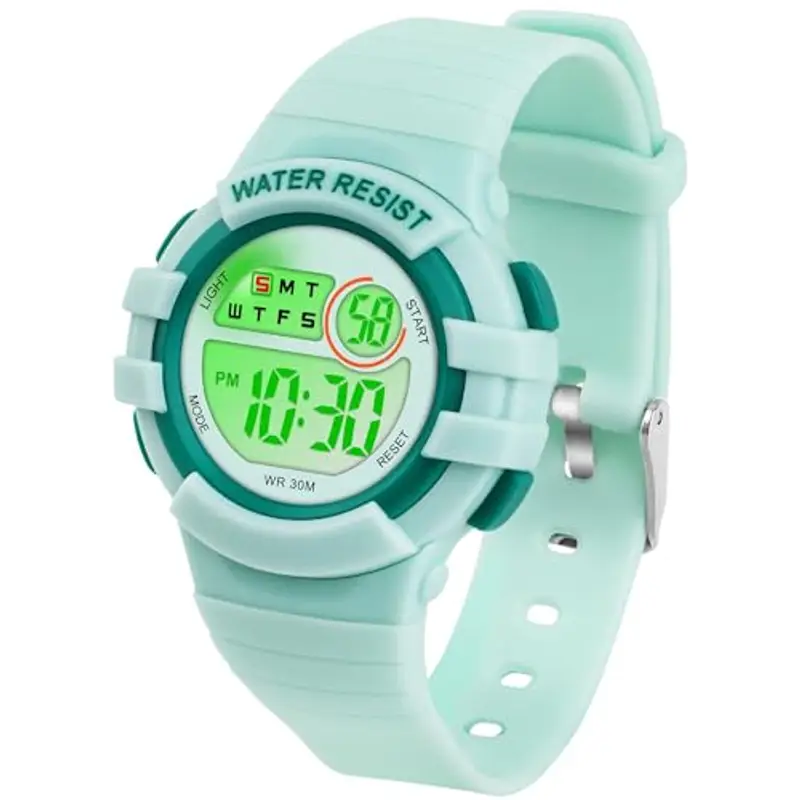 DTKID Orologio Digitale Bambino, 7 Colori Orologio Bambino Ragazzo Ragazza, 3 ATM Impermeabile Sport All'aperto da Polso Bambini con Timer, Sveglia, Calendario (Verde)