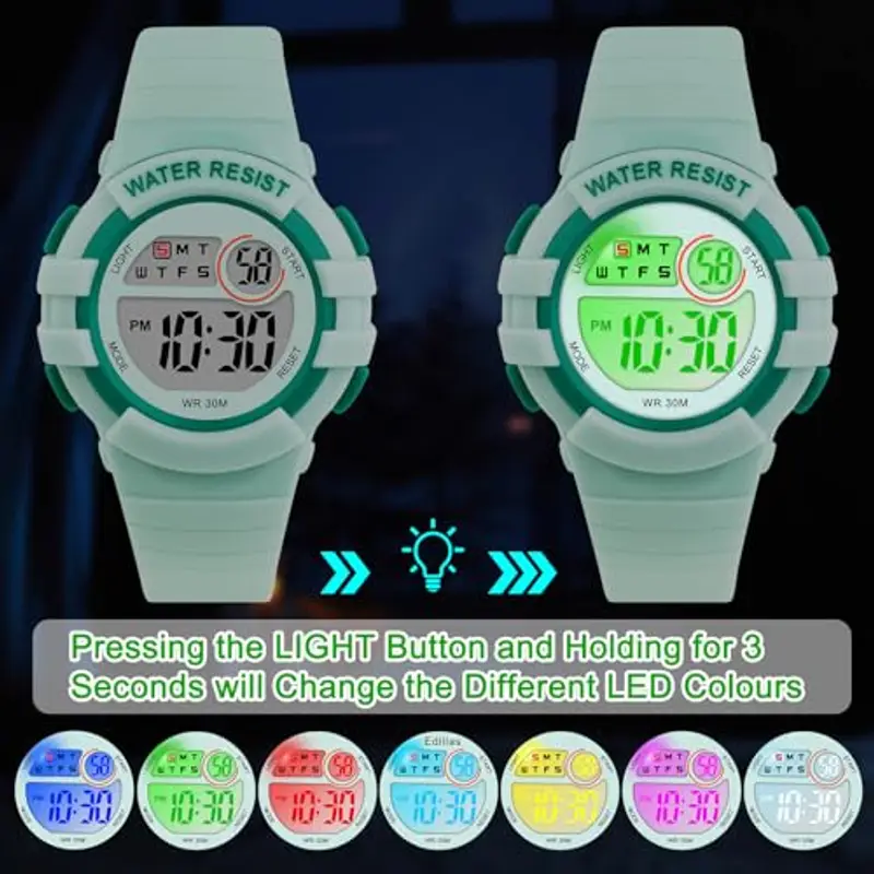 DTKID Orologio Digitale Bambino, 7 Colori Orologio Bambino Ragazzo Ragazza, 3 ATM Impermeabile Sport All'aperto da Polso Bambini con Timer, Sveglia, Calendario (Verde) miniatura 2