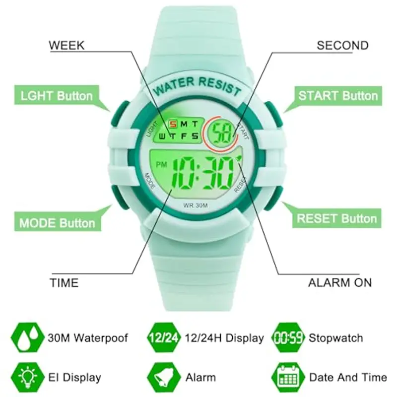 DTKID Orologio Digitale Bambino, 7 Colori Orologio Bambino Ragazzo Ragazza, 3 ATM Impermeabile Sport All'aperto da Polso Bambini con Timer, Sveglia, Calendario (Verde) miniatura 3