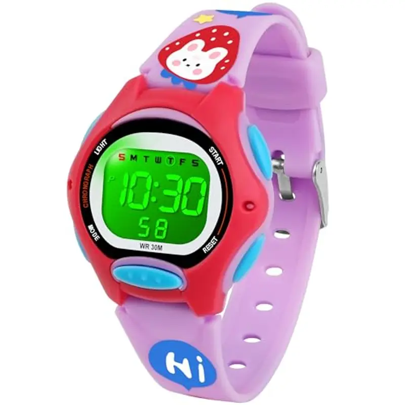 DTKID Orologio Digitale Bambino, 7 Colori Orologio Bambino Ragazzo Ragazza, 3 ATM Impermeabile Sport All'aperto da Polso Bambini con Timer, Sveglia, Calendario (viola)