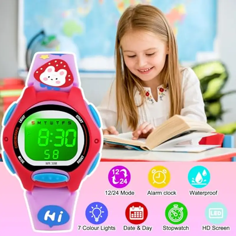 DTKID Orologio Digitale Bambino, 7 Colori Orologio Bambino Ragazzo Ragazza, 3 ATM Impermeabile Sport All'aperto da Polso Bambini con Timer, Sveglia, Calendario (viola) miniatura 2
