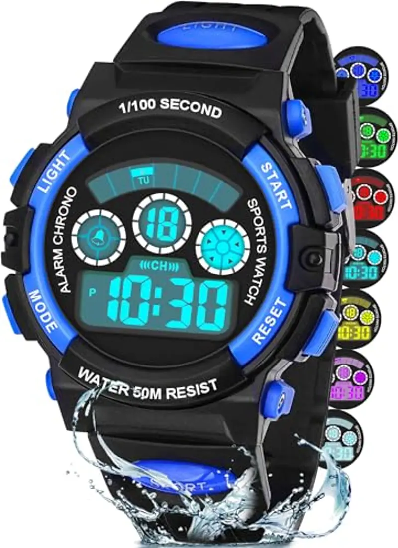 DTKID Orologio Digitale Bambino LED a 7 Colori, Orologio Bambino con Sveglia, Timer, Datario, Impermeabile 5 ATM,
