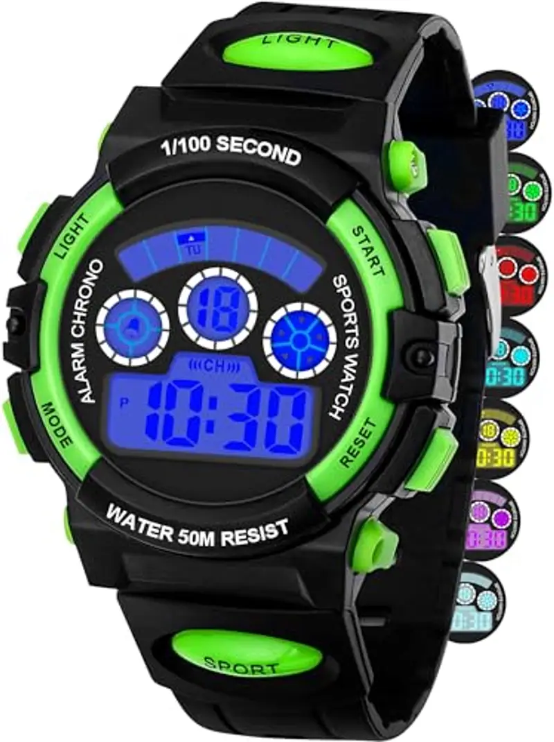 DTKID Orologio Digitale Bambino LED a 7 Colori, Orologio Bambino con Sveglia, Timer, Datario, Impermeabile Orologi per