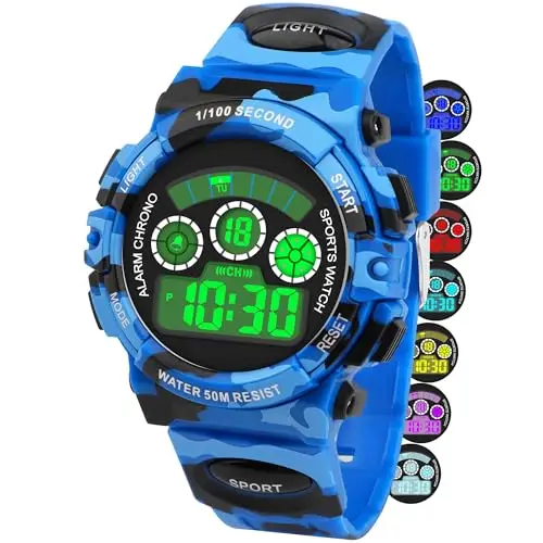 DTKID Orologio Digitale Bambino LED a 7 Colori, Orologio Bambino con Sveglia, Timer, Datario, Impermeabile Orologi per