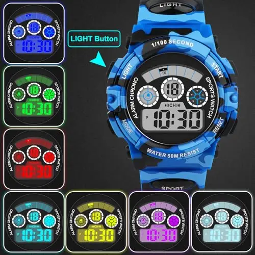 DTKID Orologio Digitale Bambino LED a 7 Colori, Orologio Bambino con Sveglia, Timer, Datario, Impermeabile Orologi per miniatura 2
