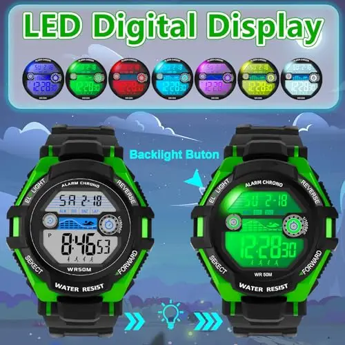 DTKID Orologio digitale per bambini ragazzi e ragazze, LED a 7 colori, orologio da polso per bambini con sveglia miniatura 2