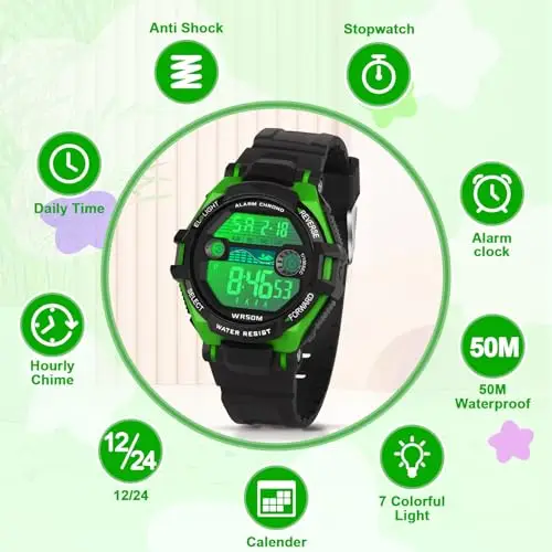 DTKID Orologio digitale per bambini ragazzi e ragazze, LED a 7 colori, orologio da polso per bambini con sveglia miniatura 3