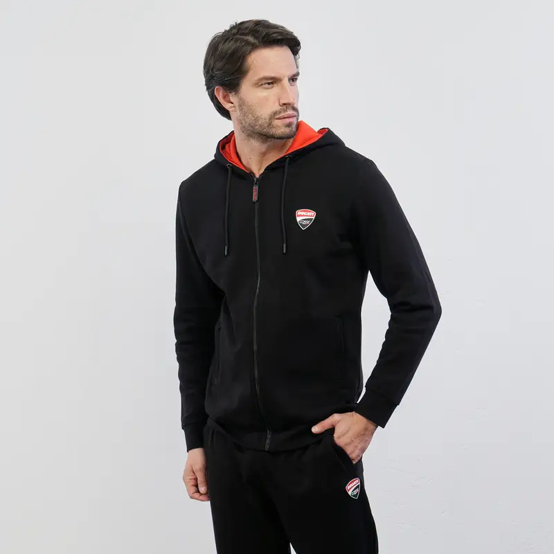 Felpa sportiva nera da uomo con cappuccio e zip