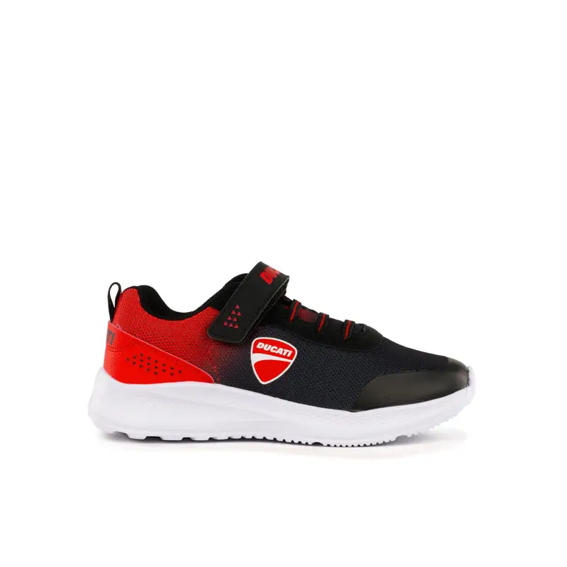 Sneakers bambino nere e rosse da ginnastica con logo laterale, velcro e lacci