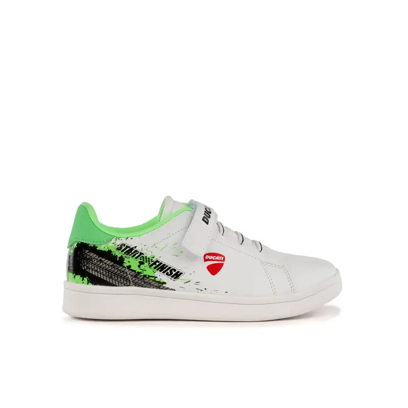 Sneakers tennis bianche da bambino con velcro, lacci elastici e dettagli fluo