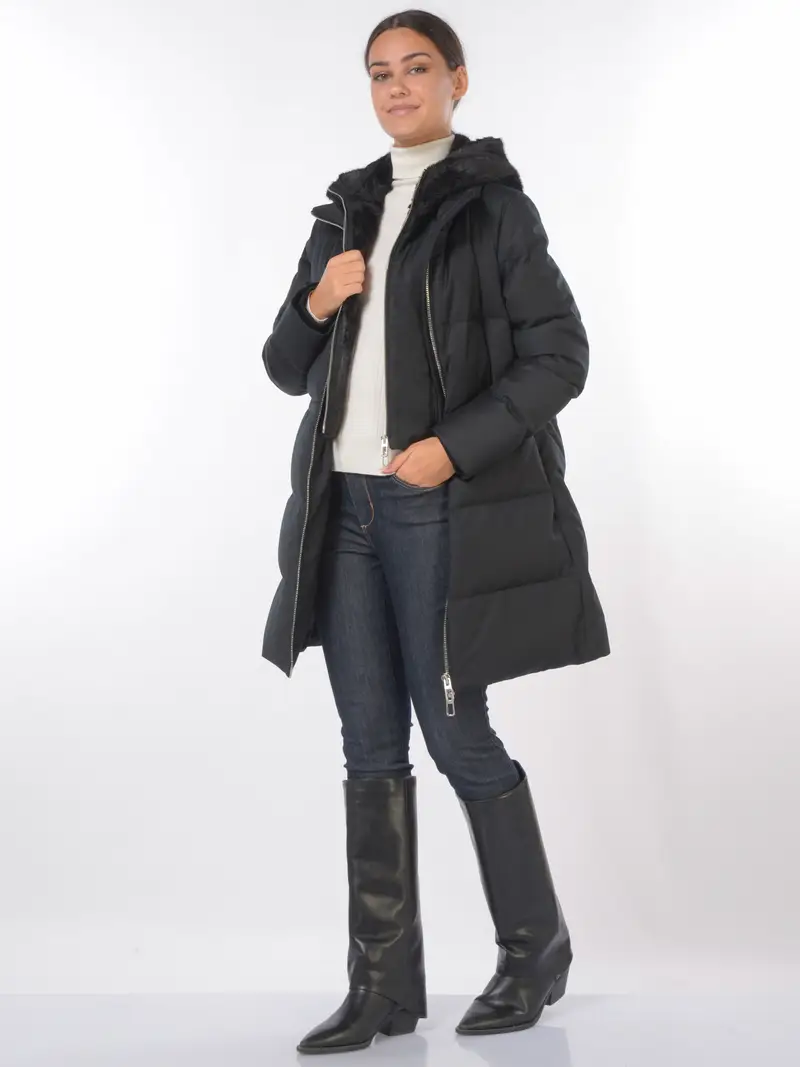 giaccone da donna Duno Virna in lana con cappuccio ecopelliccia NERO miniatura 2