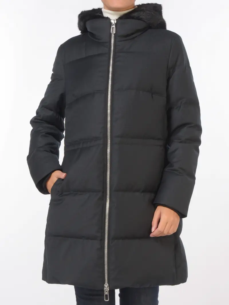 giaccone da donna Duno Virna in lana con cappuccio ecopelliccia NERO