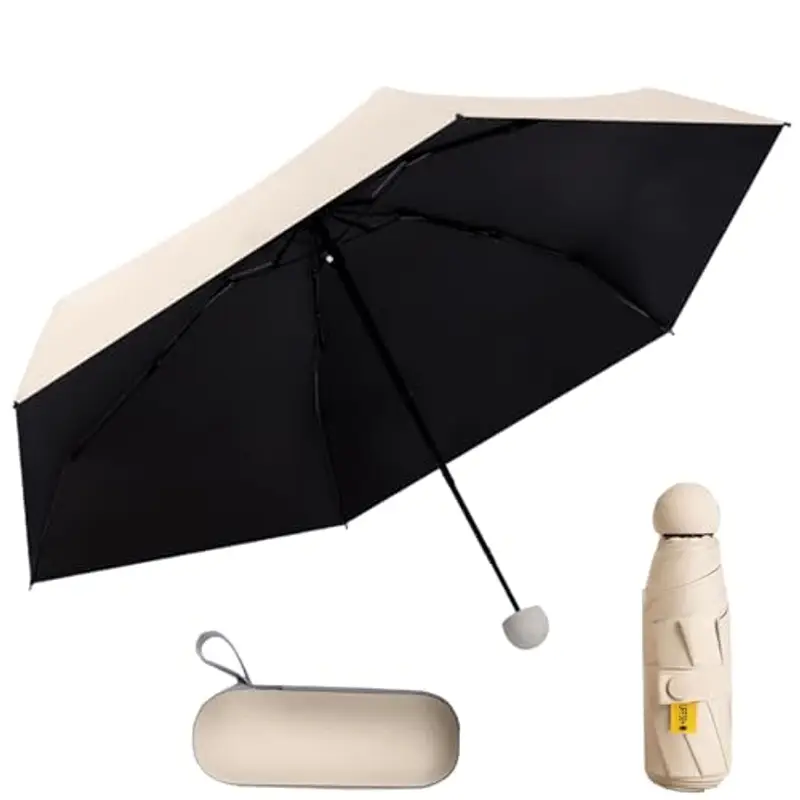 DXHGHYGL Ombrello Portatile Con Caso,Piccolo Compatto Ombrello,UV Protezione Sole Pieghevole Ombrello Pioggia,Ombrello Pieghevole Antivento,Mini Ombrello da Viaggio Per Donne, Ragazze (Beige)