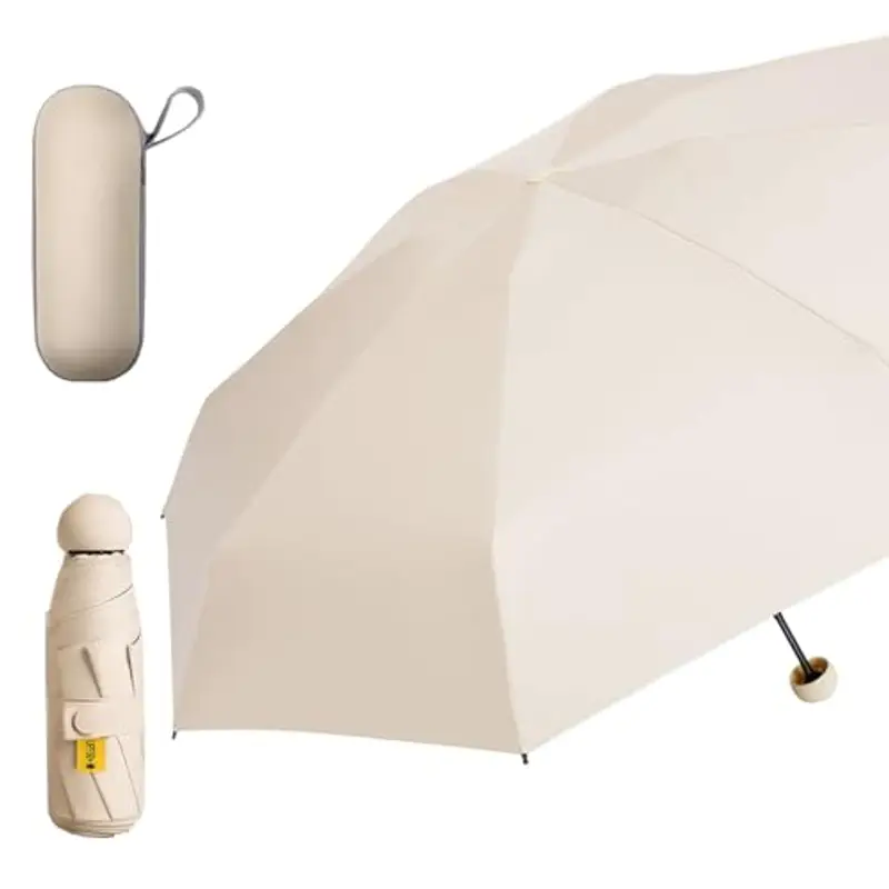 DXHGHYGL Ombrello Portatile Con Caso, Piccolo Compatto Ombrello, UV Protezione Sole Pieghevole Ombrello Pioggia, Ombrello Pieghevole Antivento, Mini Ombrello da Viaggio Per Donne, Ragazze (Beige) miniatura 2
