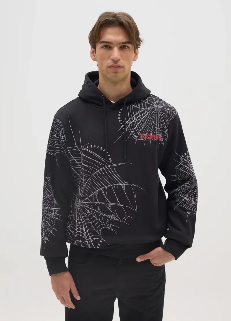 Felpa Con Cappuccio In Misto Cotone Nero, Uomo, Nero