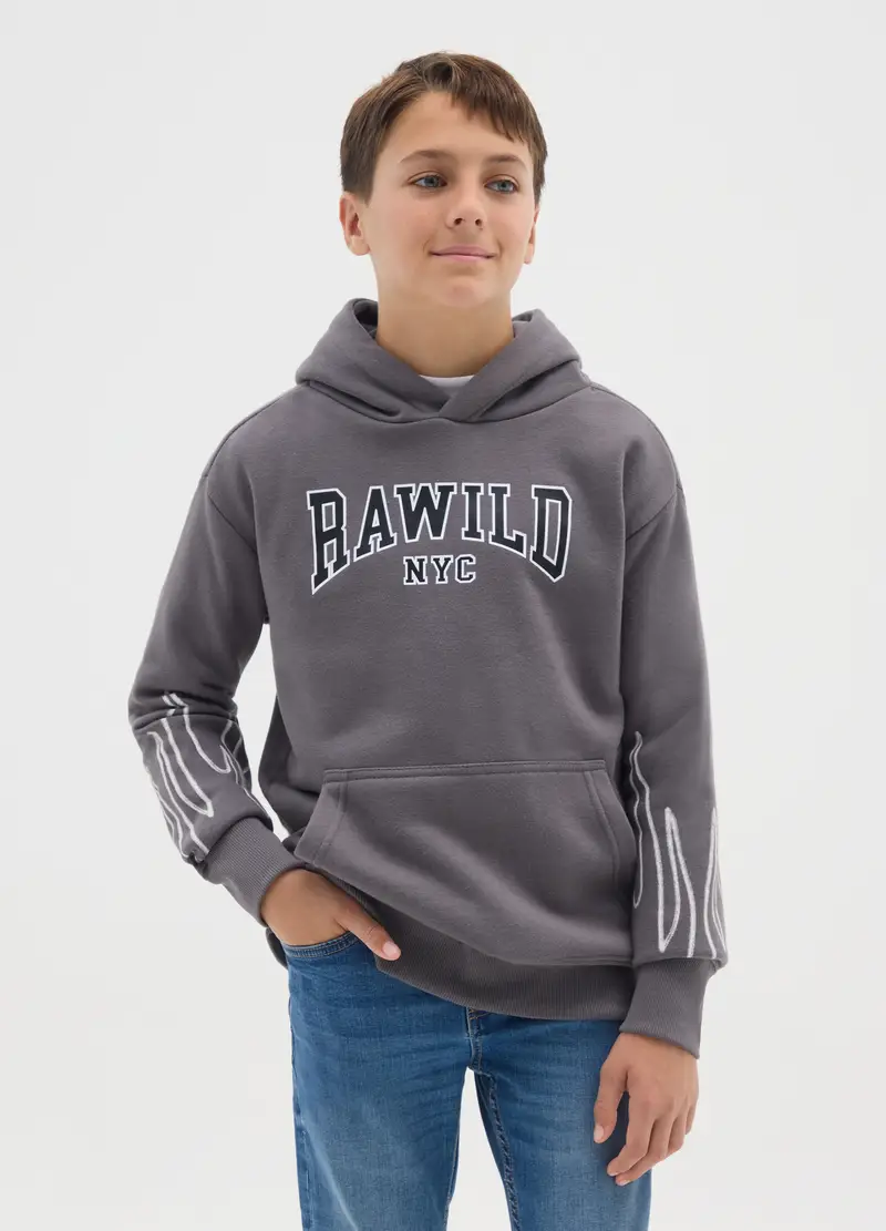 Felpa Da Bambino In Misto Cotone Grigia Regular Fit Con Cappuccio, Grigio