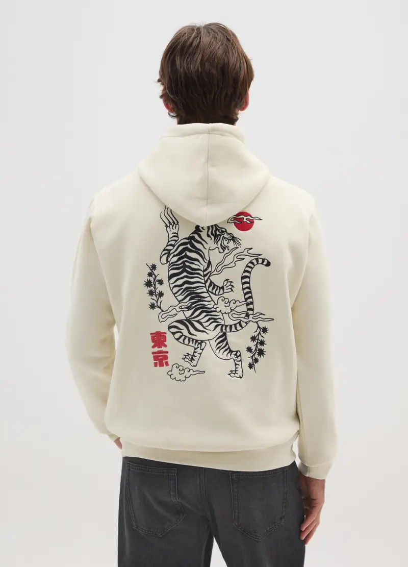 Felpa In Misto Cotone Beige Con Grafica Con Cappuccio, Uomo, Beige miniatura 3