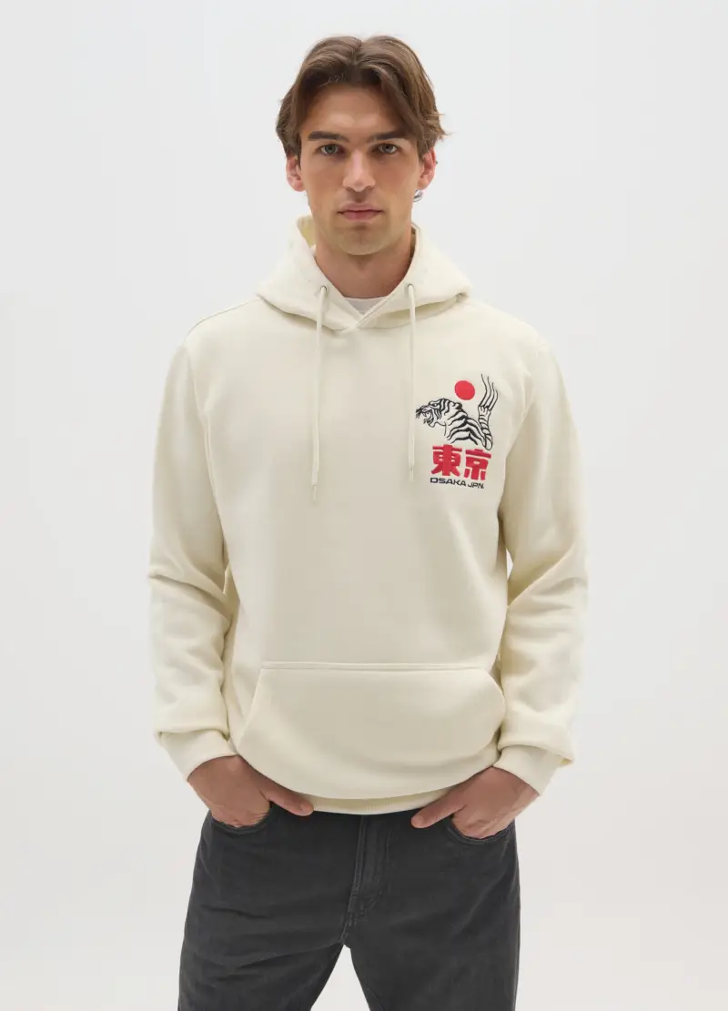 Felpa In Misto Cotone Beige Con Grafica Con Cappuccio, Uomo, Beige