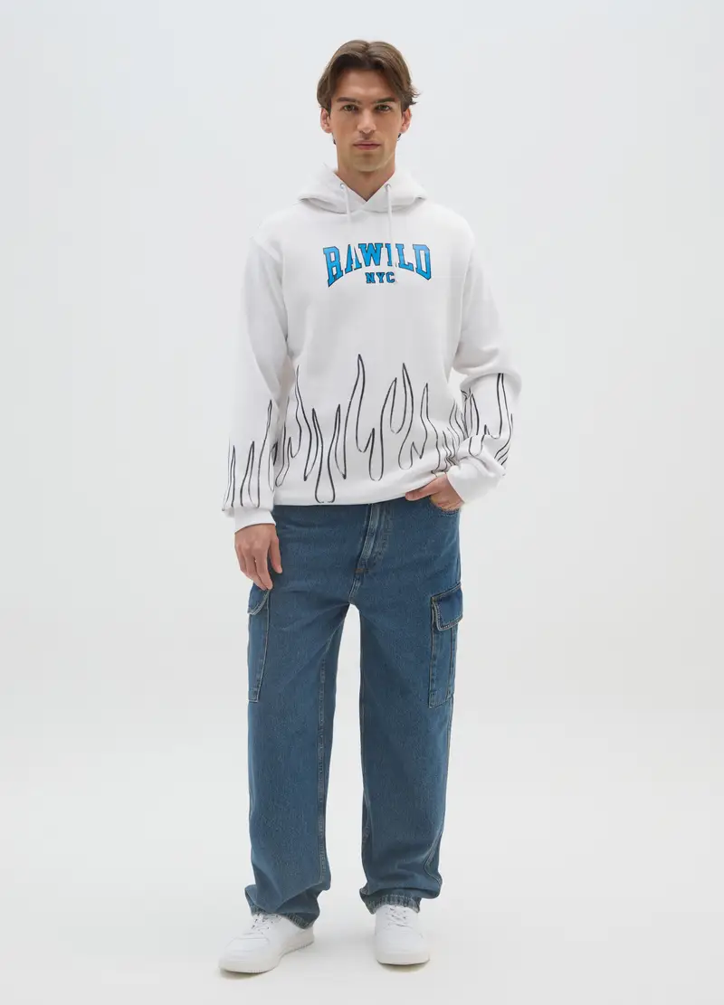 Felpa In Misto Cotone Bianca Con Fiamme, Uomo, Bianco miniatura 2