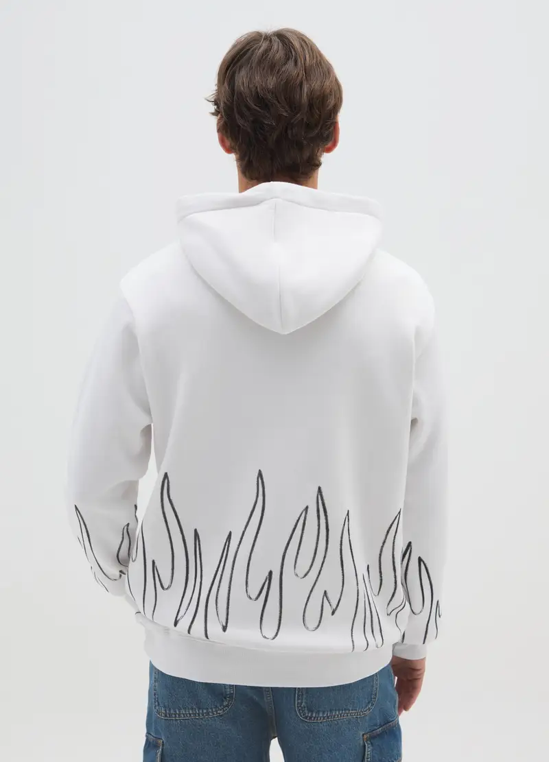 Felpa In Misto Cotone Bianca Con Fiamme, Uomo, Bianco miniatura 3