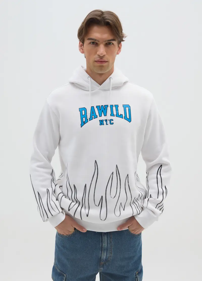 Felpa In Misto Cotone Bianca Con Fiamme, Uomo, Bianco