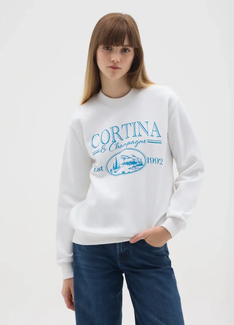 Felpa In Misto Cotone Bianca Regular Fit Girocollo, Donna, Bianco