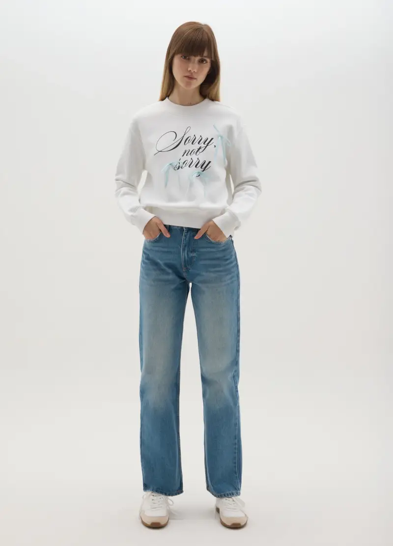 Felpa In Misto Cotone Bianca Regular Fit Girocollo, Donna, Bianco miniatura 2