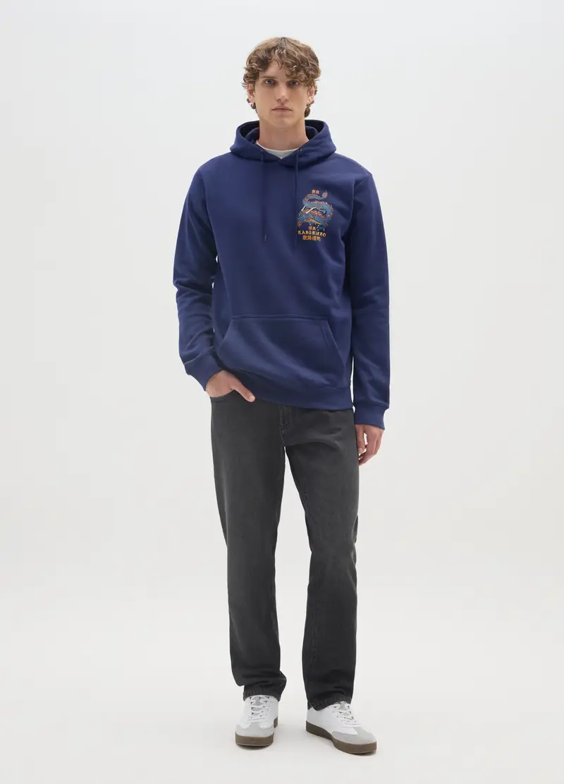 Felpa In Misto Cotone Blu Con Cappuccio, Uomo, Blu