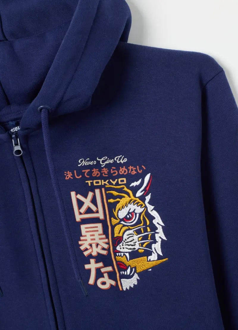 Felpa In Misto Cotone Blu Con Zip E Cappuccio, Uomo, Blu miniatura 2