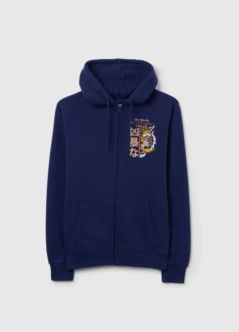 Felpa In Misto Cotone Blu Con Zip E Cappuccio, Uomo, Blu