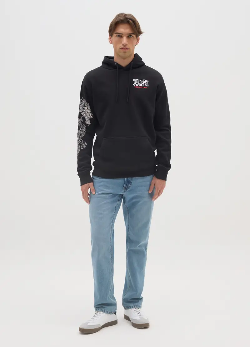 Felpa In Misto Cotone Nera Con Cappuccio E Stampa, Uomo, Nero miniatura 2