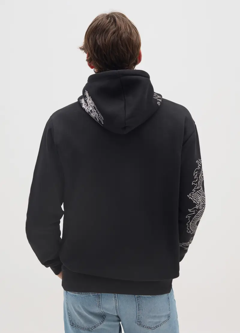 Felpa In Misto Cotone Nera Con Cappuccio E Stampa, Uomo, Nero miniatura 3