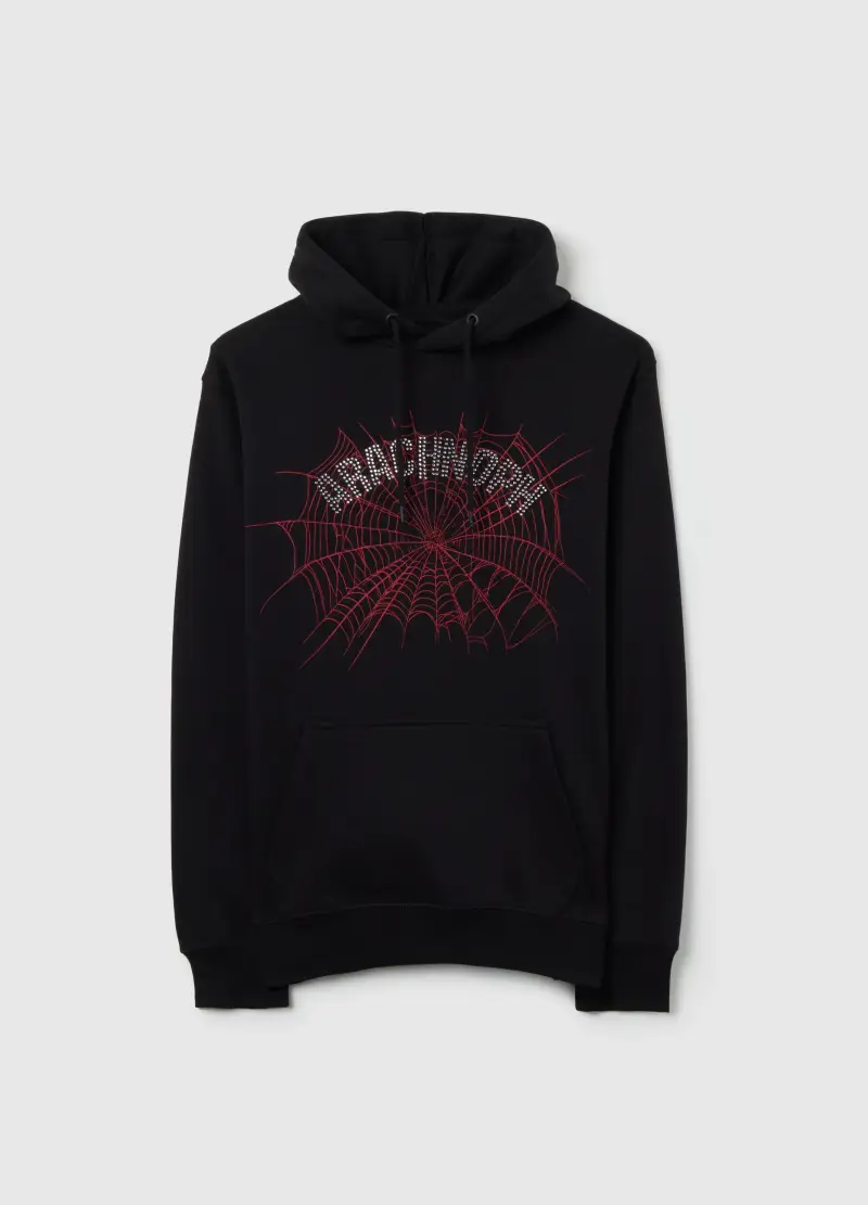 Felpa In Misto Cotone Nero Con Cappuccio, Uomo, Nero